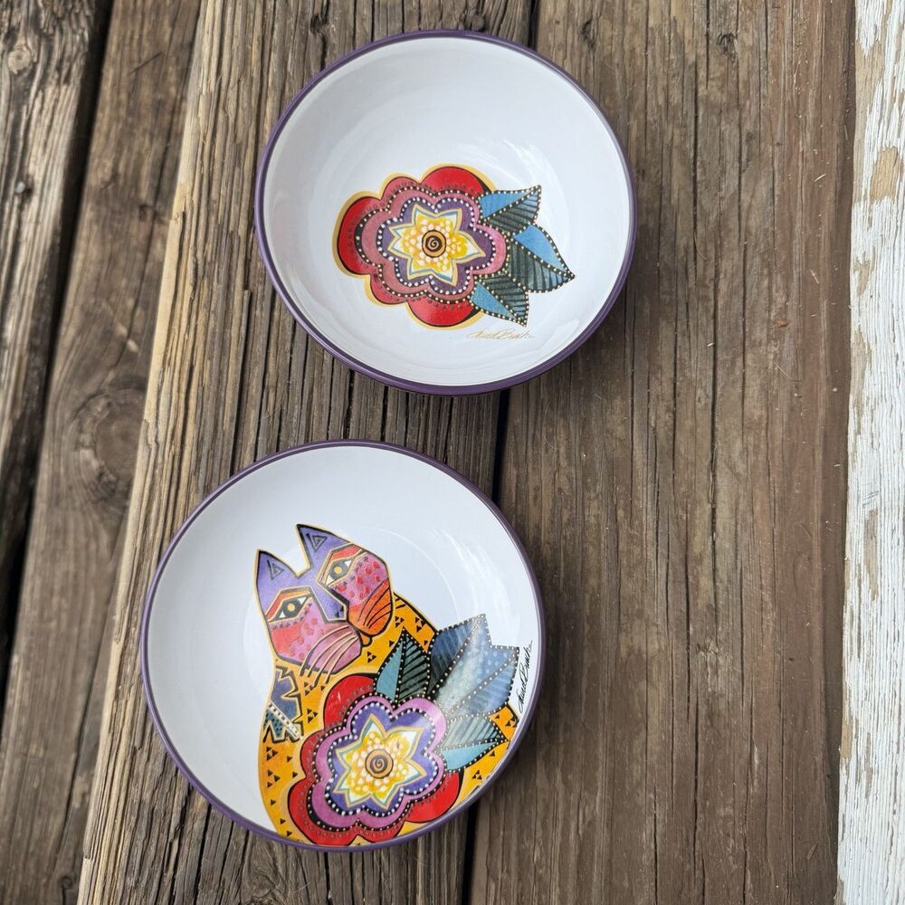 Laurel Burch Cat Floral Ceramic Plate & Bowl Set of 2 Purple 6” - Picture 5 of 14